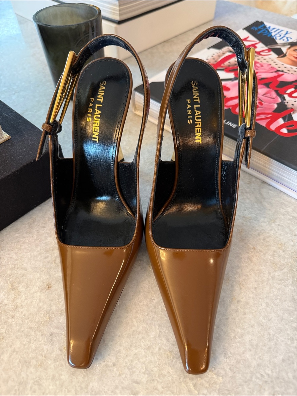 IMMACULATE Saint Laurent Brown Patent Slingback Heels sz 37